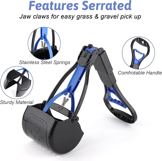 PPOGOO Non-Breakable 2PCS Pooper Scoopers for Large Medium Small Dogs with 24.3inch Long Handle High Strength Material Durable Spring, Easy Grass and Gravel Pick Up Blue and Orange