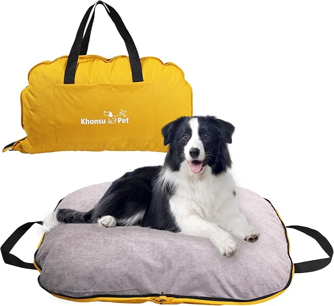 Portable Waterproof Dog Mat for Camping, Patio & Travel - Foldable Outdoor Dog Bed with Teflon Shell & Removable Plush Pad - Easy Clean, Durable - L (Lemon Yellow)