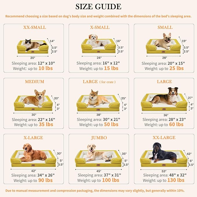 Comfort Expression Small Dog Beds Waterproof Orthopedic Foam Dog Sofa Beds for Small Dogs Comfy Pet Bed with Washable Removable Cover & Non-Slip Bottom(X-Small,Spicy Mustard)