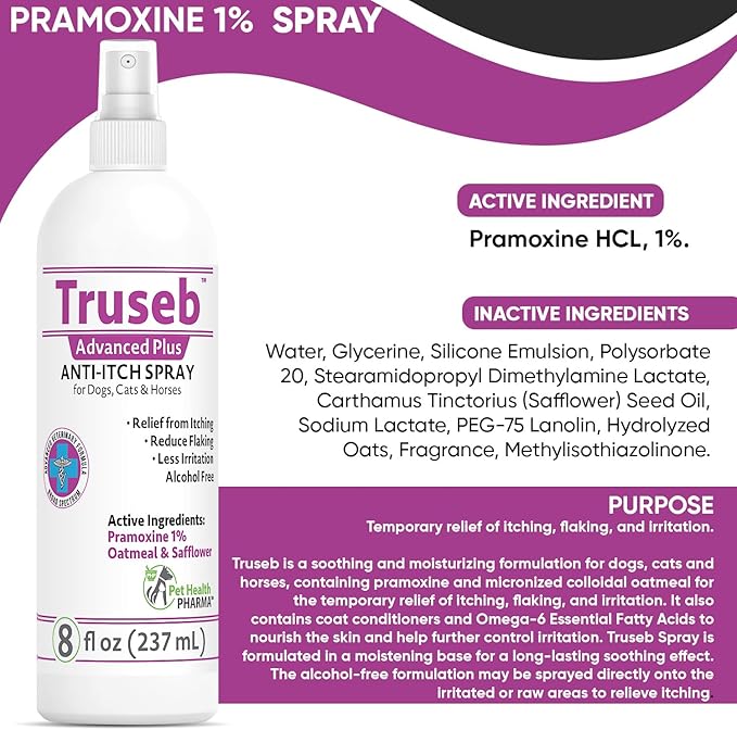 Truseb | Pramoxine HCL 1% Spray for Dogs and Cats with Moisturizing Oatmeal Made in U.S.A (8 oz)