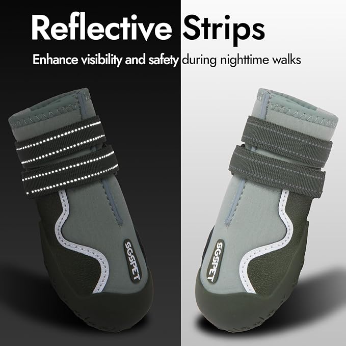 Dog Shoes, Waterproof Dog Boots & Paw Protectors with Anti-Slip Sole, 4pcs/Set Pet Dog Booties, Reflective Dog Shoes for Small Medium Large, Winter Snowy Summer Hot Pavement (Green, 5# (M))