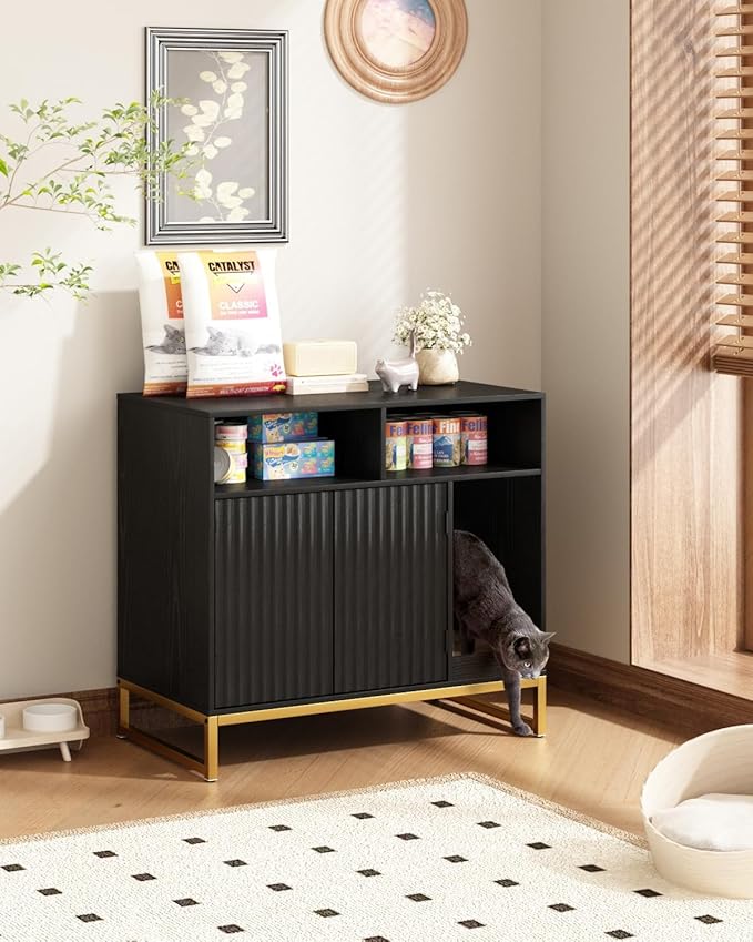 Cat Litter Box Enclosure, Large Hidden Pet Storage Cabinet Furniture with Waveform Fluted Doors & Scratching Pad, Modern Wooden Cat House Indoor for Washroom, Living Room, Bedroom, Black
