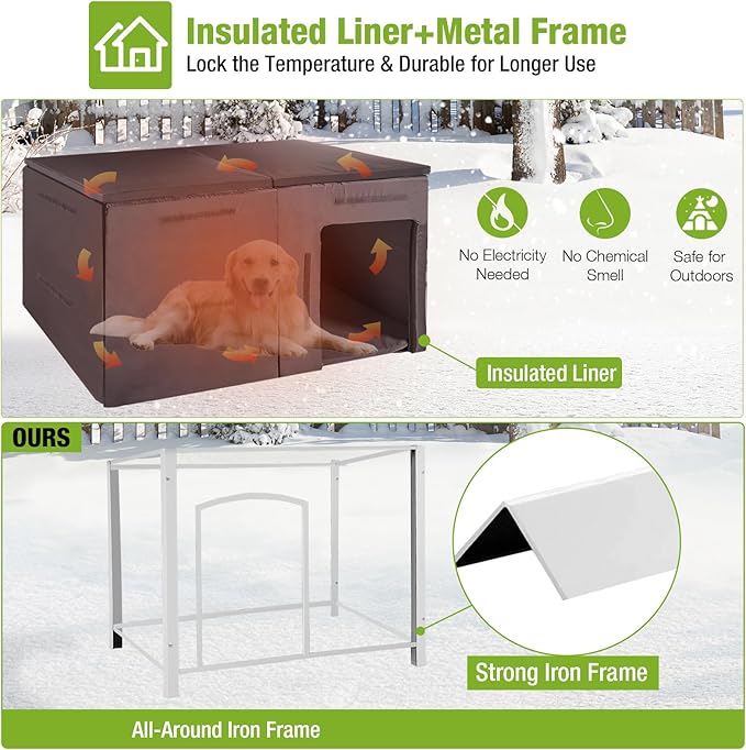 GUTINNEEN Dog House Insulated Outdoor Dog Kennel with Liner for Winter Large(Grey and White)
