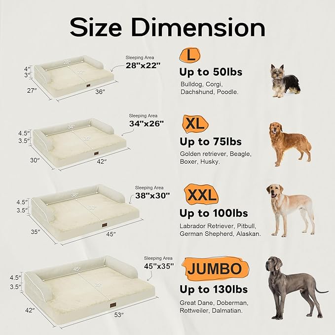Large Dog Bed Orthopedic Washable - Waterproof with Removable Cover - Memory Foam - XXL Large Big Dogs - Beds Bolster Pet - Couch Sofa - Beige Dog Bed