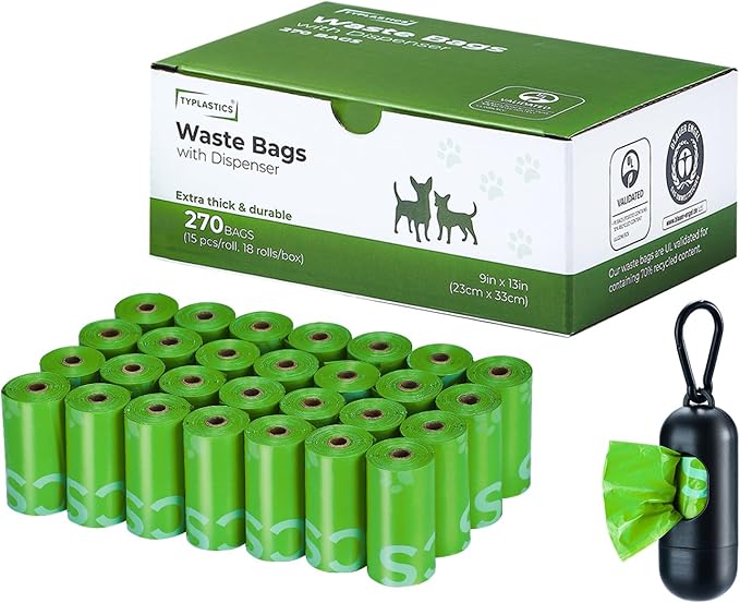 Typlastics Poop Bags for Dog Waste, 270 Count, with Dispenser, Unscented, 18 Pack of 15, Lime Green, 13 Inch x 9 Inch