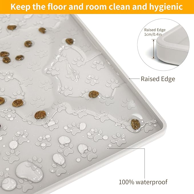 Ptlom Dog Food Mat Anti-Slip Bowl Mats for Food and Water, Waterproof Silicone Pet Placemat with High Raised Edges, Non-Slip Puppy Feeding Tray for Small, Medium Large Cats Dogs, Cream, 11.8"x11.8"