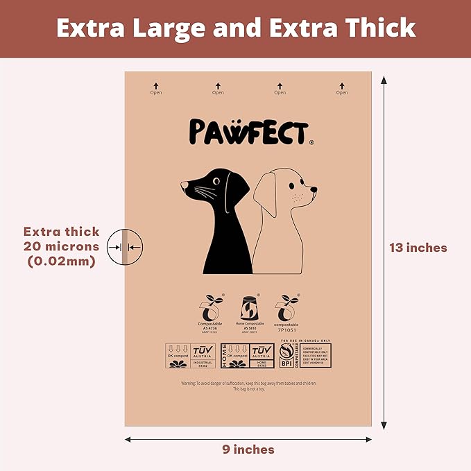 Pawfect Dog Poop Bags Rolls - Biodegradable Doggie Bags, Compostable Dog Waste Bags, BPI Certified Pet Waste Bags, Unscented, Large, Puppy Poo, Earth Friendly, Bolsas de Basura (480 counts)