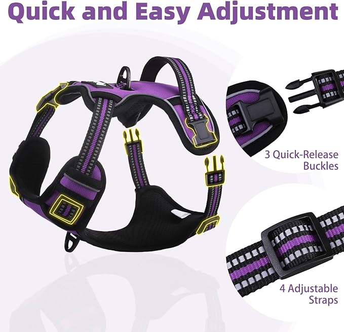 PUPTECK No Pull Dog Harness for Large, Adjustable Reflective Dog Harness with Handle Easy Control, Comfortable Soft Padded Pet Vest Harness for Extra Large Dogs, Solid Purple XL