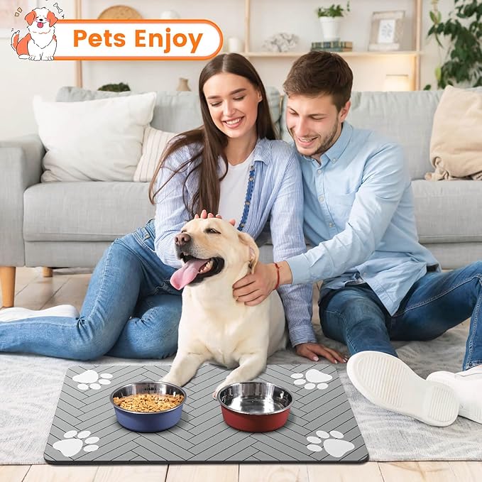 Pet Feeding Mat-Absorbent Pet Placemat for Food and Water Bowl, with Waterproof Rubber Backing, Quick Dry Water Dispenser Mat for Dog and Cat (12"x20", Striped Light Gray)