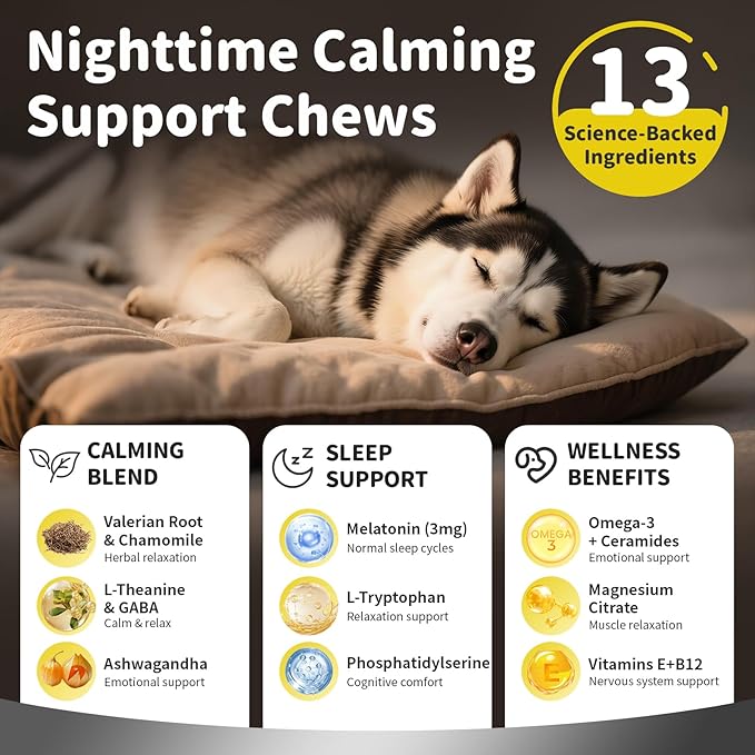 Melatonin for Dogs, Calming Chews with Valerian Root & L-Theanine for Sleep Aid & Emotional Support, Calming Treats for Stress Anxiety Relief, Thunder, Fireworks, Barking, Chicken Flavor, 90Ct