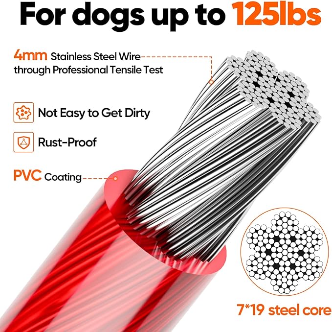Tresbro 25FT Red Reflective Tie Out Cable for Dogs Up to 125 Pounds, Steel Wire Lead Leash with Stainless Rotatable Buckle, Lightweight and Enduring, Dog Chains Outside for Outdoor,Yard,Camping