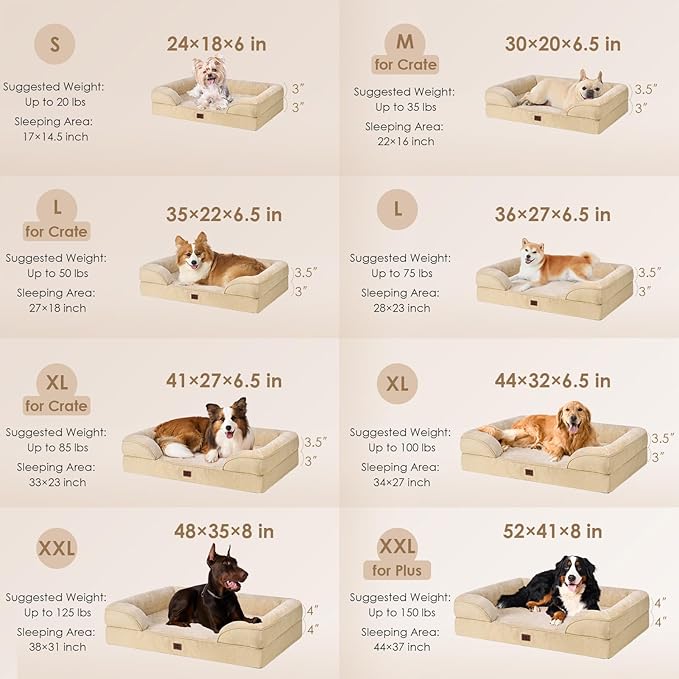 EHEYCIGA Orthopedic Dog Beds for Large Dogs, Waterproof Memory Foam Large Dog Bed with Sides, Non-Slip Bottom and Egg-Crate Foam Pet Couch Bed with Washable Removable Cover, Greige