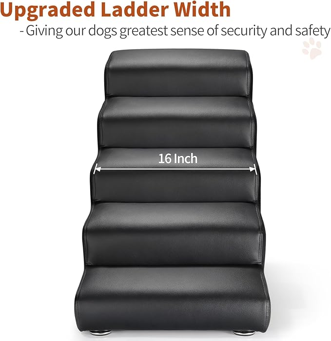 Senneny Black Faux Leather Dog Stairs, for Pets up to 150 lbs, Waterproof, Scratch Resistant Pet Steps/Stairs with High Density Foam and Detachable Wooden Legs, Black, 5 Step