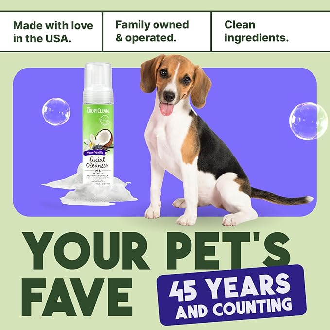TropiClean Warm Vanilla Waterless Facial Cleanser for Dogs | Dog Foam Face Wash | Dog Face Wash Derived from Natural Ingredients | Cat Friendly | Made in the USA | 7.4 oz.
