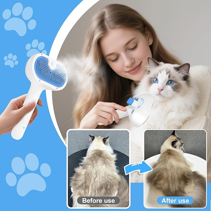 Pet Steam Brush for Dog & Cat - 3-in-1 Steam Grooming Brush for Shedding & Hair Removal - Self Cleaning Spray Comb with Mist for Long Haired Pets - Includes 1*Waterless Shampoo, Blue