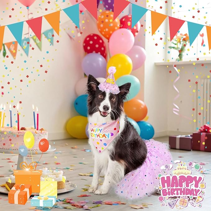 SCENEREAL Dog Birthday Bandana with Hat and Dress Girl Set, Large Dog Birthday Party Supplies, Cute Pink Tutu Skirt Outfit for Medium Large Dogs
