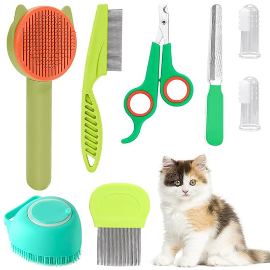 VCZONE 8 Pcs Cat Brush Grooming Kits, Pet Self Cleaning Kit with Pet Nail Clipper and File, Flea Comb, Pet Shampoo Bath Brush, Pet Shedding Brush, Silicone Toothbrush (Green)