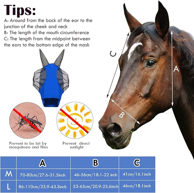 Frienda 4 Pcs Horse Fly Masks with Ears Head Fly Masks for Horses Smooth Elastic UV Protection Cover from Summer Insect Pests(Medium,Purple, Blue, Pink, Black)