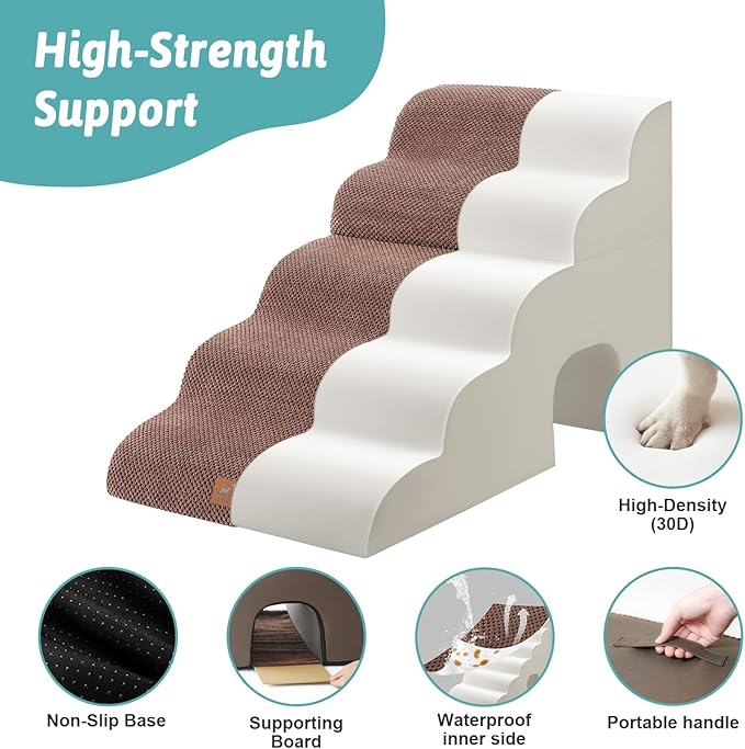 Wide Dog Stairs with Tunnel, Foam Detachable Large Dog Step for Small Pet, Puppy or Cats, Medium Pet Ramp for High Bed, Couch, Sofa or Car, 19.7x33x22.4 inch, 5 Step, Brown