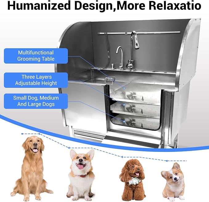 Professional Dog Grooming Tub, 62" Stainless Steel Dog Wash Station with Foldable Ramp, Storage Drawer, Floor Grate & Faucet/Dog Bathtub for Large, Medium & Small Pets - Right Door (62")
