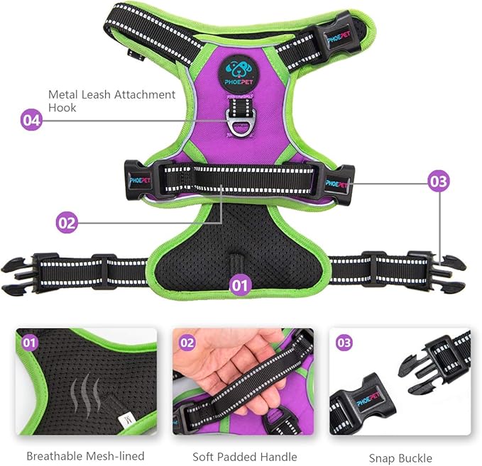 PHOEPET 2019 No Pull Dog Harness Medium Reflective Front Clip Vest with Handle,Adjustable 2 Metal Rings 3 Buckles,[Easy to Put on & Take Off](M, Purple)