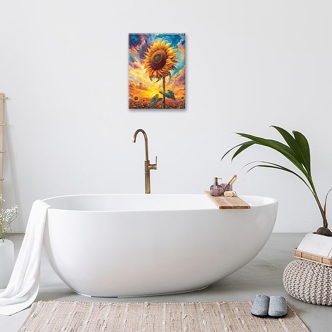 Sunflower Wall Art Canvas Yellow Floral Wall Decor Prints Framed Painting Pictures Gifts Artwork for Bathroom Bedroom Living Dining 12"x16"