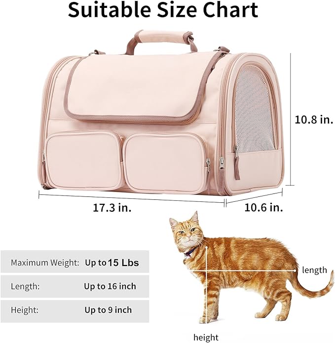 FUKUMARU Cat Carrier, 4 Mesh Windows Small Dog Carrier, 4 Storage Pockets Cat Travel Bag, Under 15 lb Airline Approved Pet Carrier, Rollable Cover for Nervous Cats, Pink