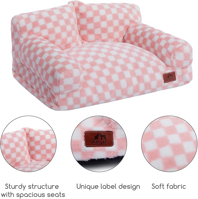 Hollypet Fluffy Plush Dog Cat Pet Couch Soft Calming Sofa Bed for Medium Small Cats and Dogs, Pink and White