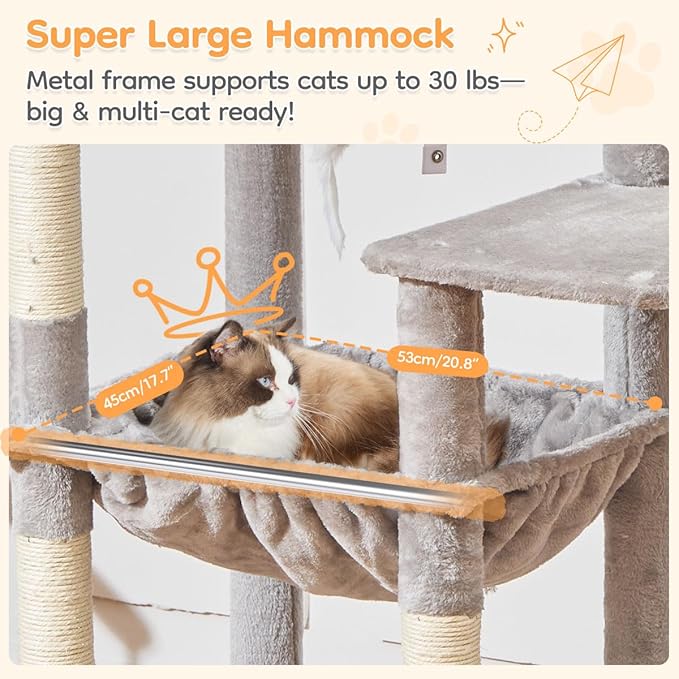 Taoqimiao 71 Inches Cat Tree for Indoor Cats Large Adult, Multi-Level Tall Cat Tower, 2 Cat Condo with 6 Scratching Posts, Super Large Hammcock, Cat Toys, Cozy Basket, Light Gray, MS037W