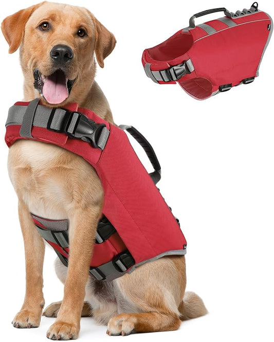 Pawaboo Dog Life Jacket, Reflective Dog Safety Vest Adjustable Pet Life Preserver with Strong Buoyancy & Sturdy Rescue Handle, Ripstop Dog Lifesaver Vests for Swimming, Boating, XL, Red