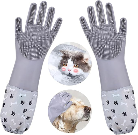 Dog Washing Gloves, Pet Grooming Gloves with Soft Brushes, Bathing and Massaging for Dogs and Cats, Silicone Heat Resistant Cleaning Gloves with High-Density Teeth (Gray)