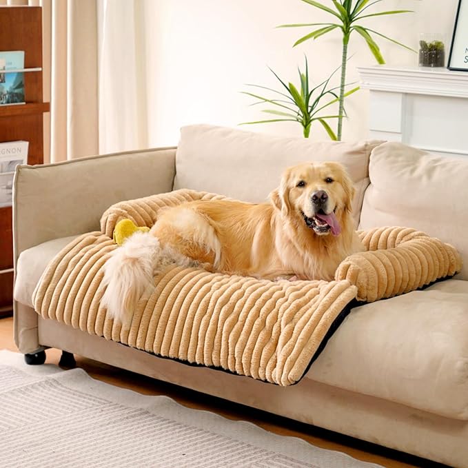 FUNNY FUZZY Pet Couch Cover for Sofa, Calming Dog Bed for Couch, Fluffy Plush Dog Couch Mat for Furniture Protector for Large Medium Small Pets, 47×37 in, Khaki