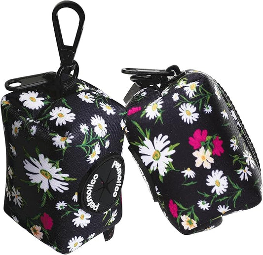 Petmolico Dog Poop Bag Holder Leash Attachment, Dog Waste Bag Dispenser Zippered Pouch, Fits Any Dog Leash, Includes Free Roll of Dog Bags, Poop Bag Dispenser - 2 Packs (White Daisy)