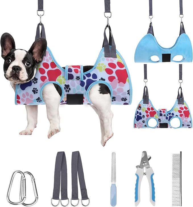 PAWCHIE Dog Grooming Hammock Harness for Dogs & Cats with Pet Nail Clipper Trimmer - Cat Hanger Sling for Trimming Clipping Nails- Dog Hammock Restraint Bag for Small Medium Large Dog, Blue S