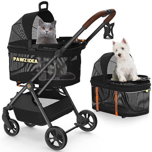 PAWZIDEA Dog Stroller 4 in 1, Pet Stroller for Cats with Detachable Carrier for Small/Medium Dogs/Cats, Seatbelt Car Seat Combo, Cozy House, Foldable & Lightweight Jogger Strollers, Storage Basket