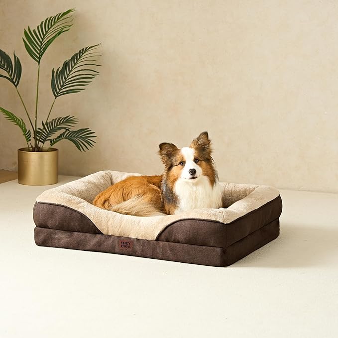 EHEYCIGA Memory Foam Dog Bed for Medium Size, Orthopedic Dog Sofa with Sides and Waterproof Liner, Washable Bolster Pet Couch with Removable Cover, 35x22x6.5 Inch, Brown