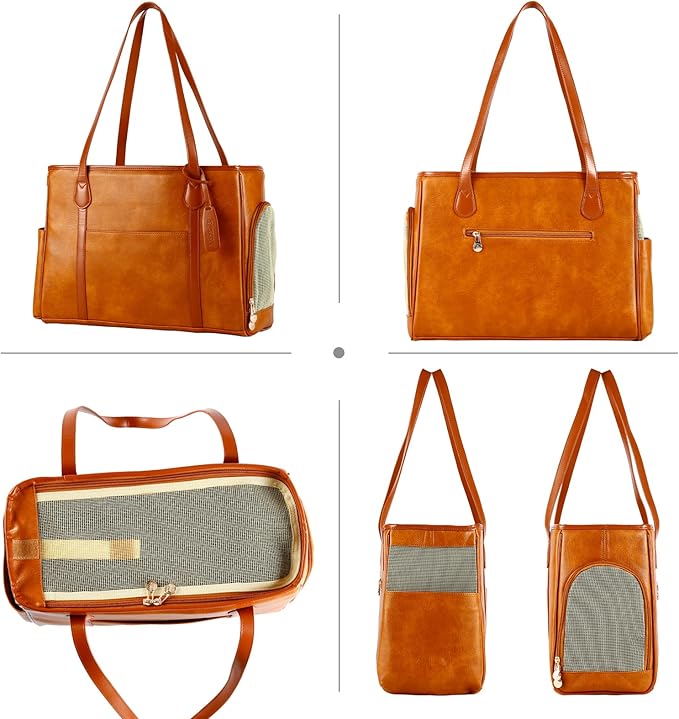 Stylish Dog Purse Carrier, Leather Pet Carrier Bag for Small Dogs Cats Puppy, Airline Approved Soft-Sided Carrier Brown