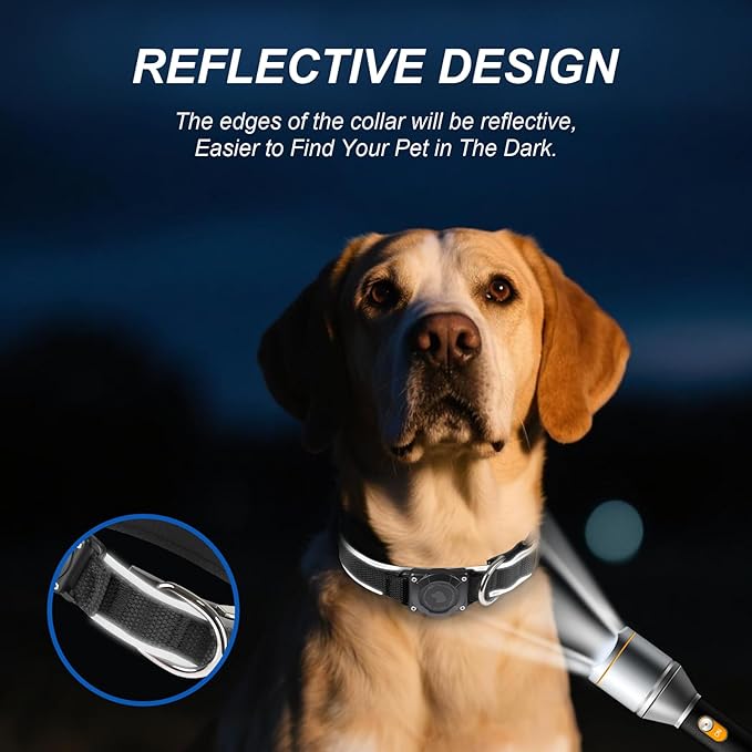 Waterproof Airtag Dog Collar - Nylon Collar with Durable Airtag Holder, Reflective&Anti-Lost with Safety Metal Buckle, Soft Padded Adjustable for Small Medium Large Dogs Black XL