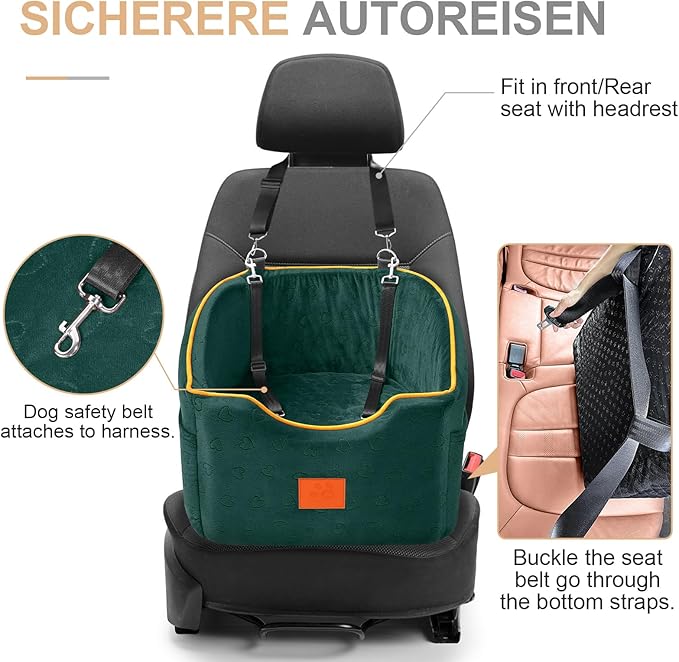 Dog Car Seat for Small Dogs, Memory Foam Booster Dog Seat for Dogs up to 35 lbs, Elevated Pet Car Seat, Travel Safety Pet Seat with Washable Removable Cover, Storage Pockets (Green)