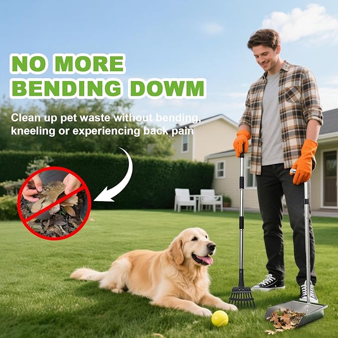 Heavy Duty Metal Pooper Scooper, Dog Pooper Scooper for Large Medium Dogs Long Handle Stainless Tray and Rake Set，Extremely Durable Metal Stainless Steel Dustpan for Indoor Outdoor Cleaning 。