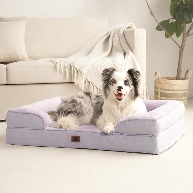 EHEYCIGA Orthopedic Dog Beds for Extra Large Dogs 44x32Inch, Waterproof Memory Foam XL Pet Bed with Sides, Non-Slip and Egg-Crate Foam Big Dog Couch Bed with Washable Removable Cover, Lilac