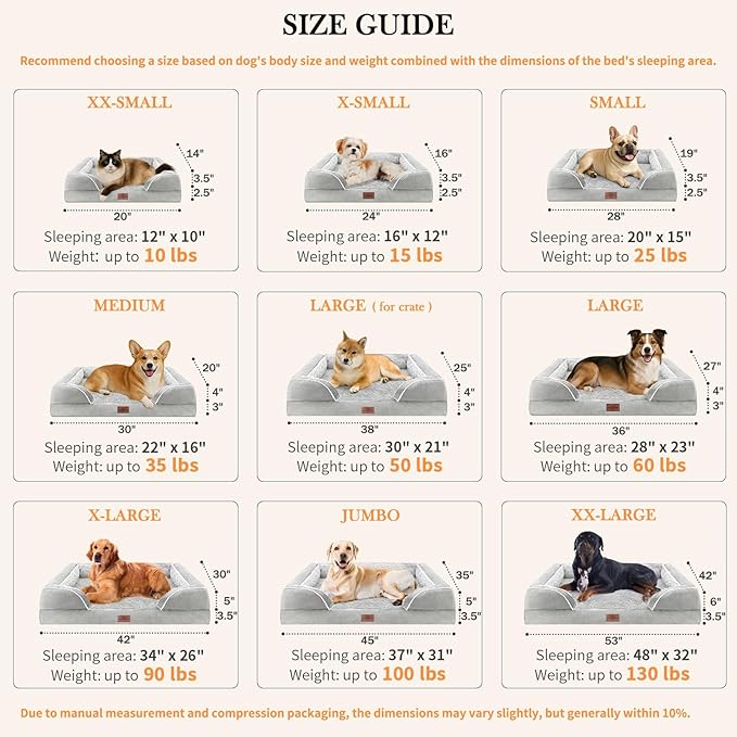 Comfort Expression Small Dog Beds Waterproof Orthopedic Foam Dog Sofa Beds for Small Dogs Comfy Pet Bed with Washable Removable Cover & Non-Slip Bottom(X-Small,Grey White)