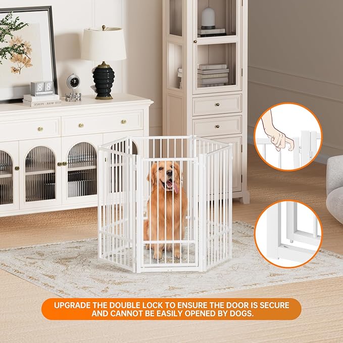 Full Metal Freestanding Dog Gate with Door, 36''Height Foldable Pet Dog Fence for Indoor & Outdoor, 6 Panels Extra Wide Free Standing TallDog Gates for Doorways,House,Stairs,Porch,Deck,Yard