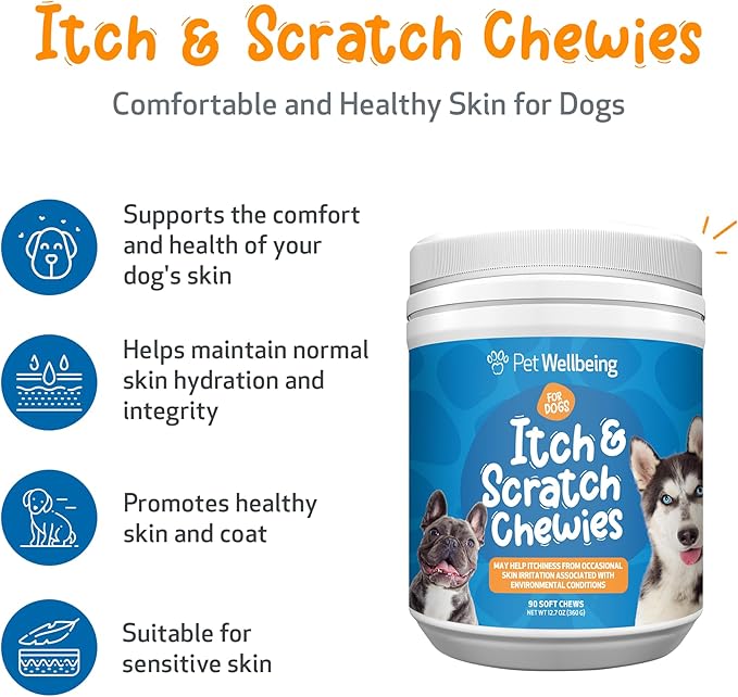 Pet Wellbeing Itch & Scratch Chewies for Dogs - Supports Healthy Itch Response to Occasional Skin Allergies, Skin Health, Chinese Pearl Barley, Phellodendron - Veterinarian-Formulated 90 Soft Chews