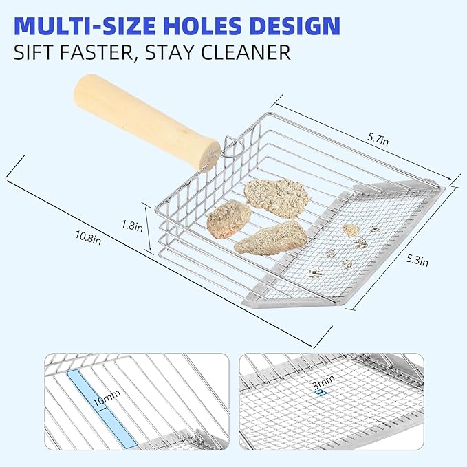 Litter Scooper, Metal Litter Scoop, Pooper Scooper with Wooden Handle, Cat Litter Scoop, Metal Scooper & Speed Sifter Deep Shovel Scoop Filter,Kitten Pooper Lifter for Litter Box