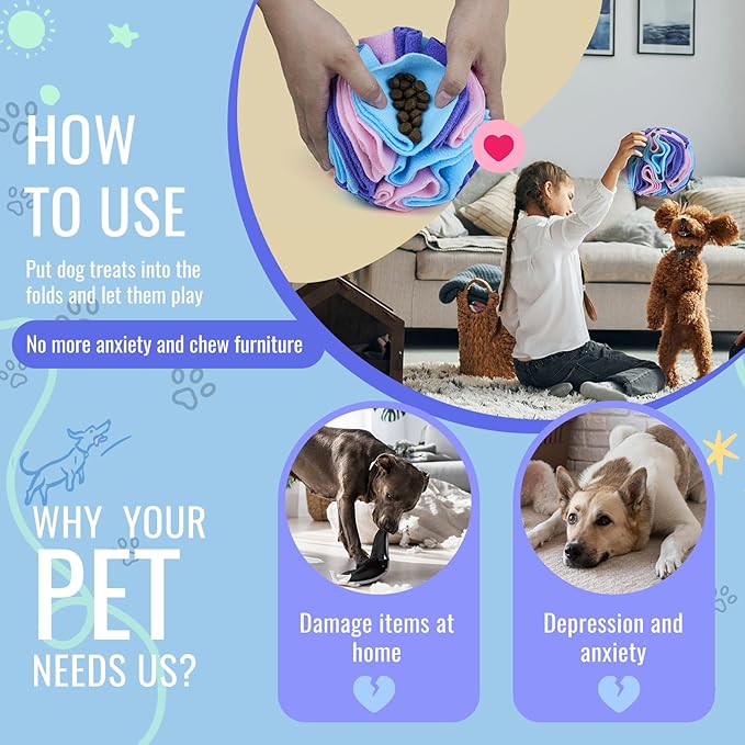 Pet Snuffle Ball, Puzzle Sniffing Interactive Dog Ball for Blind Dogs Training Stress Relief Dog Enrichment Toys Treat Machine Washable (15cm, Macarons Color)