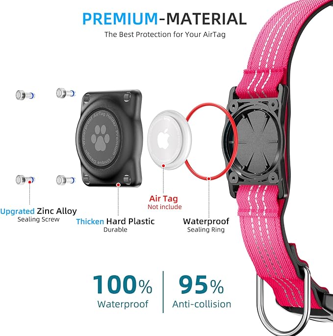 Upgraded AirTag Dog Collar, IP68 Waterproof Air Tag Dog Collar Holder, Reflective, Ultra-Durable, Comfortable Padded, Heavy Duty Dog Collars for Small Medium Large Dogs (M (12.6"-17.1"), Hotpink)