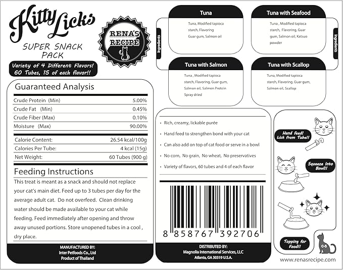 Rena's Recipe Kitty Licks Tuna Barrel (60 Tubes) 4 flavorsX 15 Tubes Cream Lickable Cat Treats 4 Different Flavors: Tuna with Seafood, Scallop, and Salmon