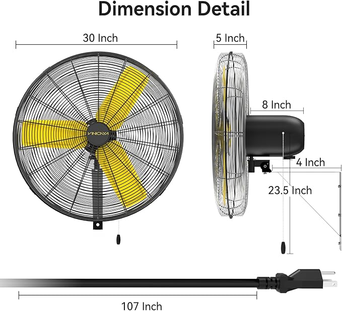 30 Inch Industrial Wall Mount Fan Oscillating, 8900 CFM Commercial Metal Wall Fans with Poweful Motor, 3 Speed, Heavy Duty Construction Indoor for Warehouse, Workshops, and Garage, UL Listed