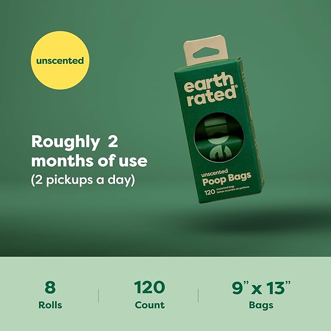 Earth Rated Poop Bags for Dogs Guaranteed Leak Proof and Extra Thick Waste Bag Refill Rolls, Unscented, 120 Count